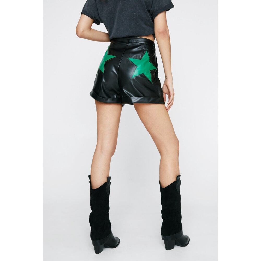 NASTY GAL Black Green Faux Leather Star Detail Roll Hem Shorts Size 8 NWT